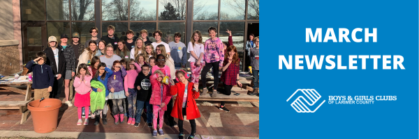 Group of Club members at the Fort Collins Club with a sidebar saying March Newsletter