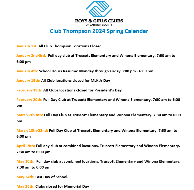 Club Thompson Spring 2024 Calendar