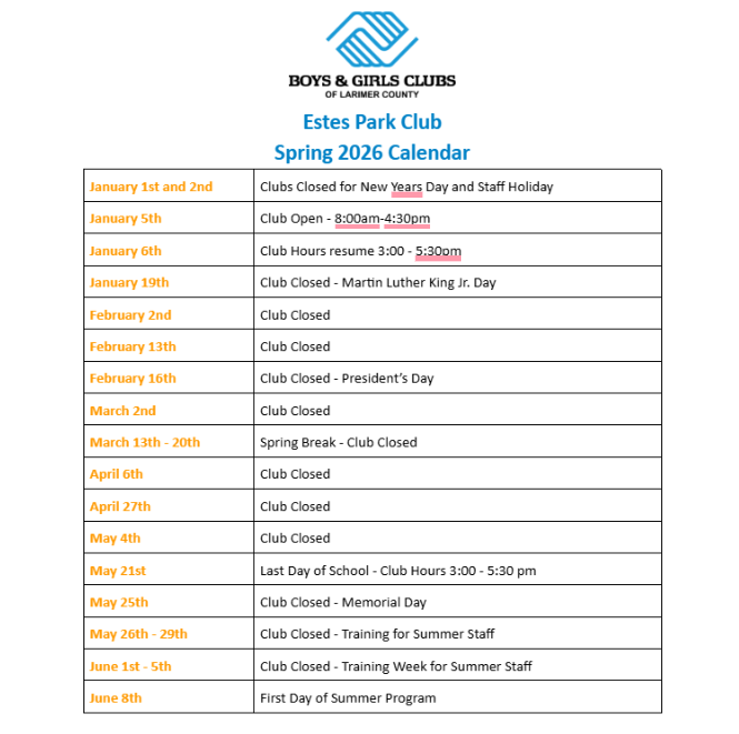 Estes Spring 2026 Calendar